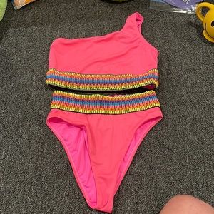 Brand new piexoto hot pink one shoulder bikini with neon stitching size small
